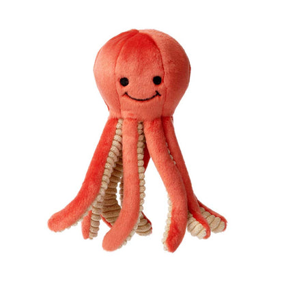 Fluff & Tuff Squirt Octopus plush dog toy with a coral-red head, embroidered smile and long tentacles with cream textured undersides.