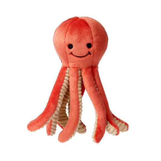 Fluff & Tuff Squirt Octopus plush dog toy with a coral-red head, embroidered smile and long tentacles with cream textured undersides.