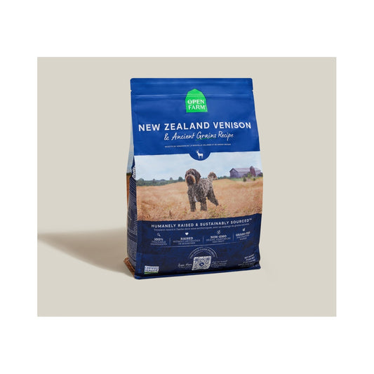 Open Farm New Zealand Venison and Ancient Grains Recipe bag standing at an angle on a neutral surface