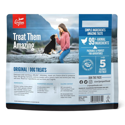 Original Freeze-dried Dog Treats 3.25oz back of bag. 