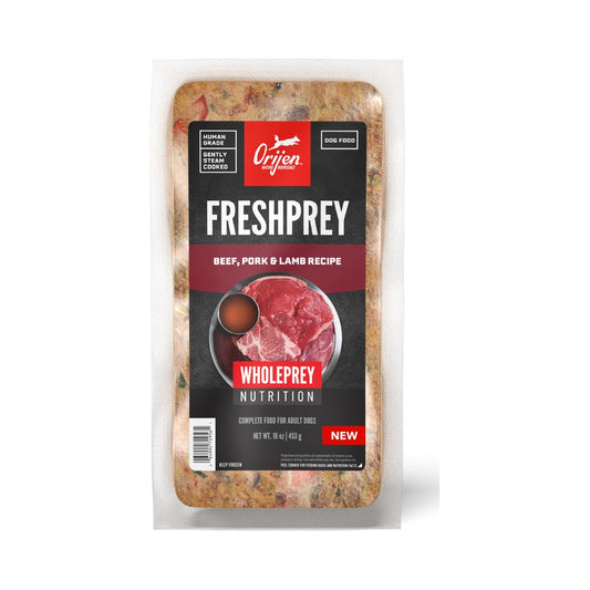 Front of ORIJEN FreshPrey Beef, Pork & Lamb Recipe 16 oz frozen dog food bar in a clear pouch with a burgundy recipe label.