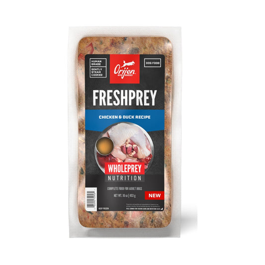Front of ORIJEN FreshPrey Chicken & Duck Recipe 16 oz frozen dog food bar in a clear pouch with a blue recipe label.