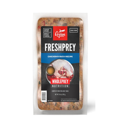 ORIJEN FreshPrey Chicken & Duck Recipe 16 oz frozen dog food pouch, showing the front label and food through the clear packaging.