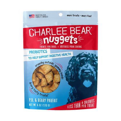 Charlee Bear Nuggets P.B. & Beary Parfait dog treats, 6 oz bag, front packaging.