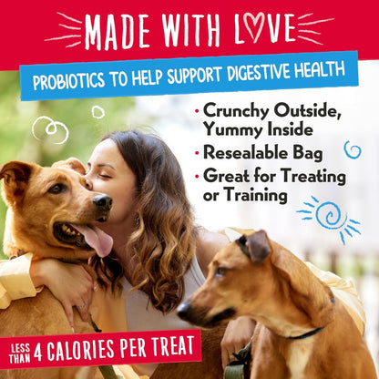 Charlee Bear P.B. & Beary Parfait Nuggets treating and training information with a woman and two dogs.