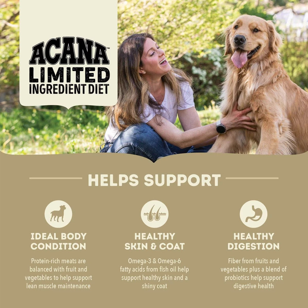 Woman petting a golden retriever outdoors; ACANA Limited Ingredient Diet graphic highlights body condition, skin and coat, and digestion.