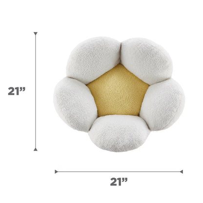 White Catstages Purrfect Petals flower-shaped cat bed with a yellow center and raised plush petals, measuring 21 by 21 inches.