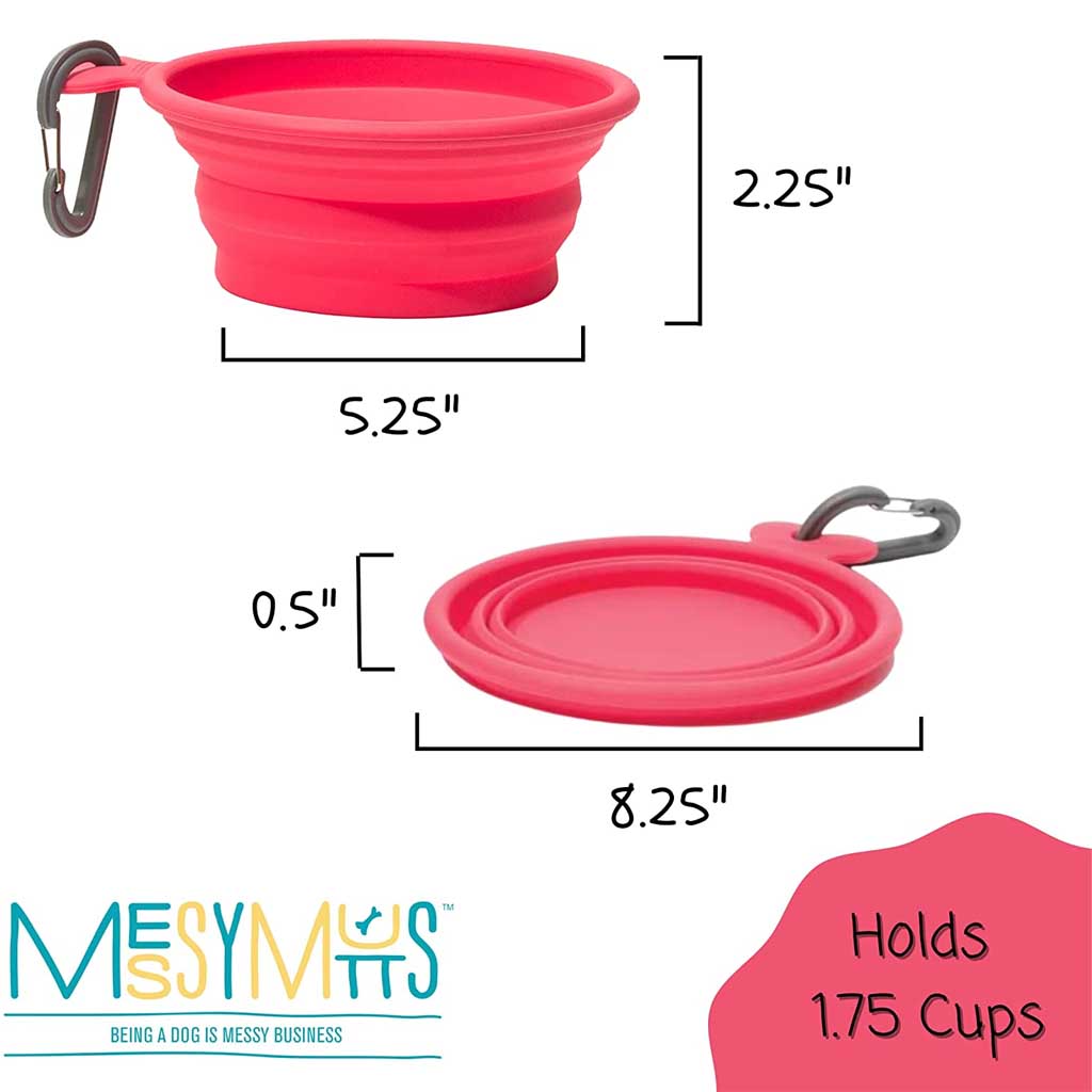 Watermelon red 1.75-cup Messy Mutts travel bowl diagram showing expanded and folded forms with measurement labels.