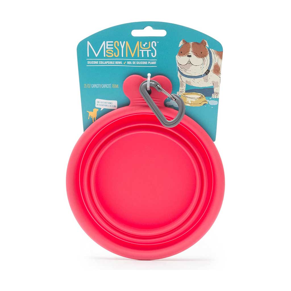 Small watermelon red Messy Mutts collapsible bowl and gray carabiner on a turquoise retail card.