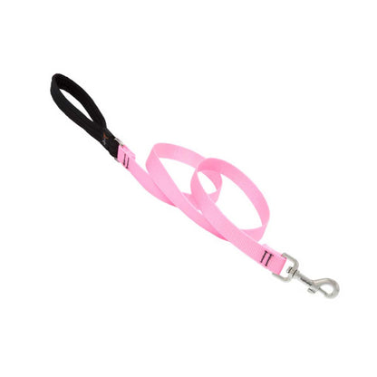 Lupine Pet pink nylon leash showing its black padded handle, reinforced stitching, and silver swivel snap.
