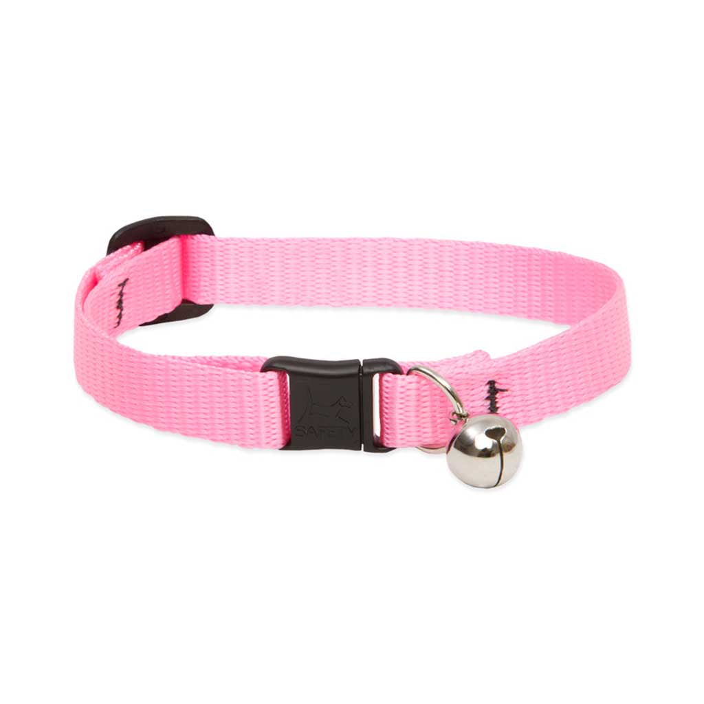 Pink Lupine Pet breakaway cat collar with a black safety buckle and silver bell.