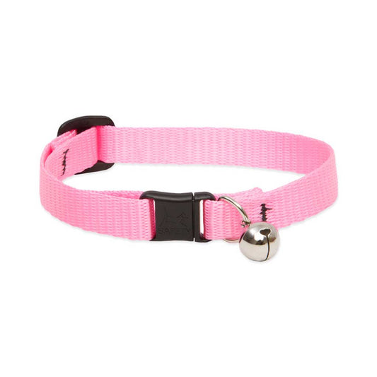 Pink Lupine Pet breakaway cat collar with a black safety buckle and silver bell.