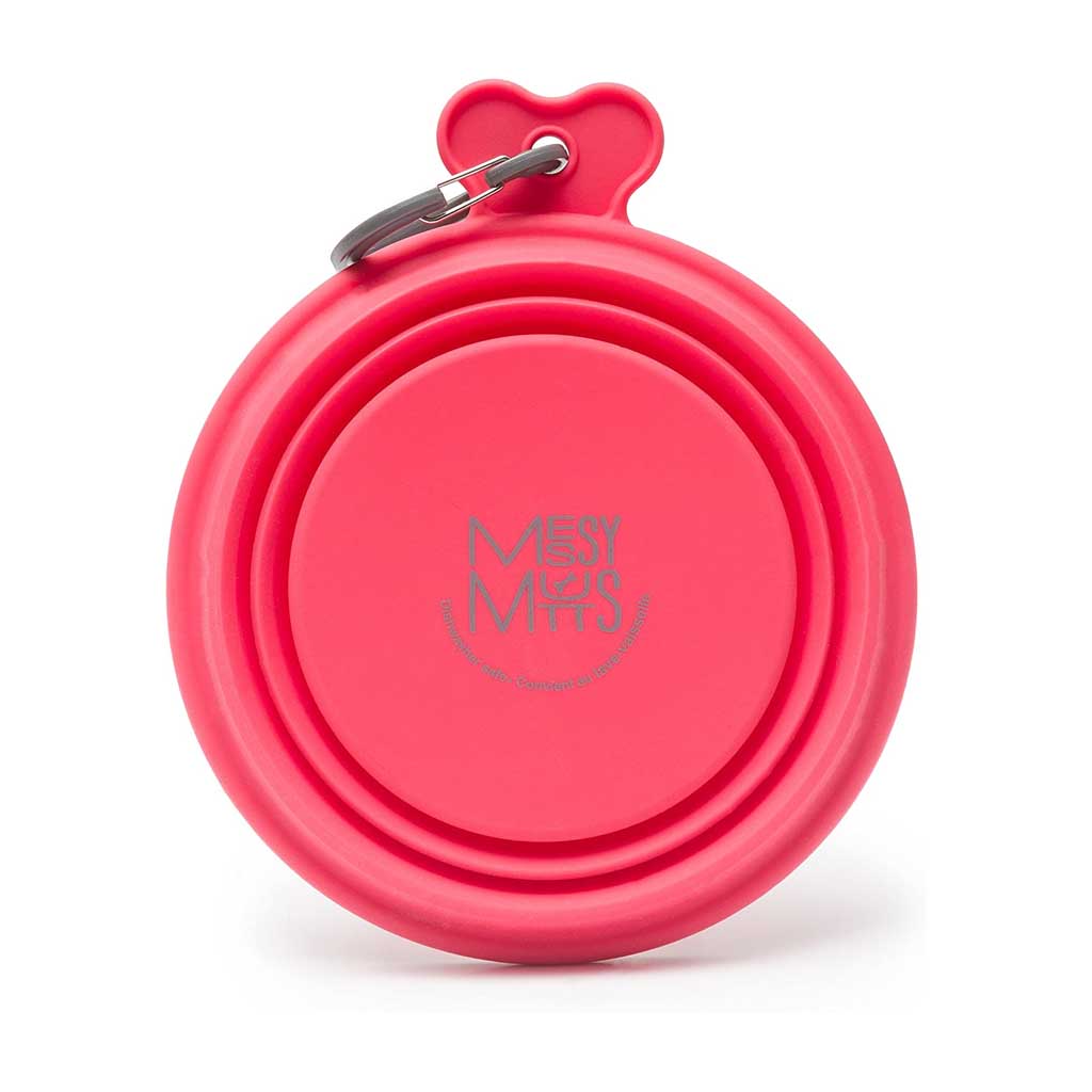 Watermelon red Messy Mutts silicone travel bowl folded flat, showing its logo and attached gray carabiner.