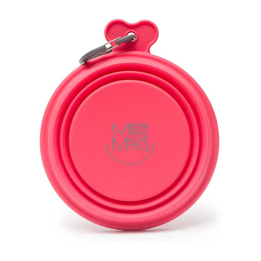 Watermelon red Messy Mutts silicone travel bowl folded flat, showing its logo and attached gray carabiner.