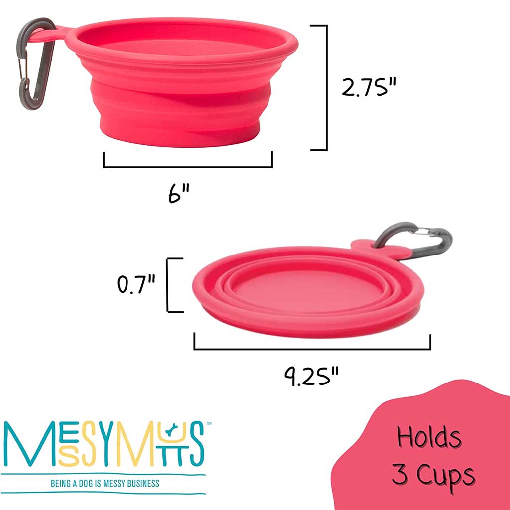 Watermelon red 3-cup Messy Mutts travel bowl diagram showing expanded and folded forms with measurement labels.