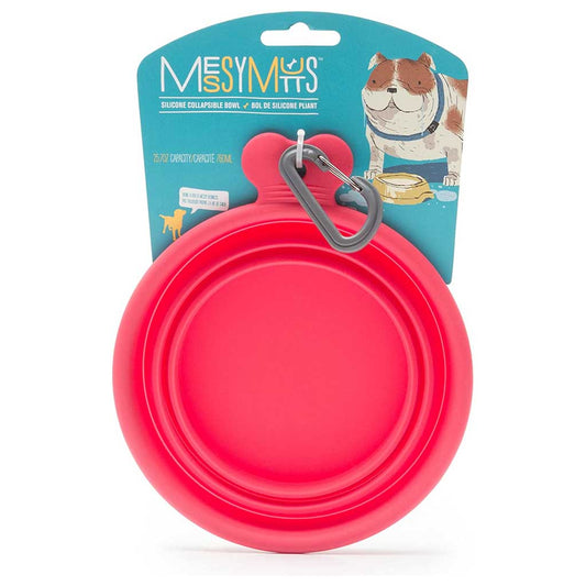 Watermelon red Messy Mutts collapsible silicone bowl with a gray carabiner on turquoise retail packaging.