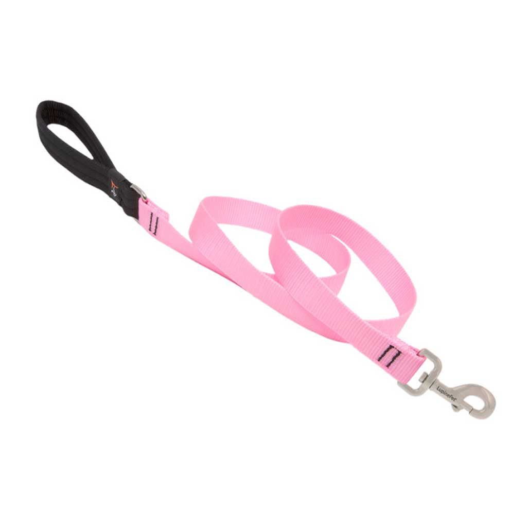 Pink Lupine Pet nylon leash with a black padded loop handle and silver swivel snap.