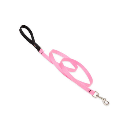 Pink Lupine Pet leash with a black padded handle and small silver snap, arranged in loops on a white background.