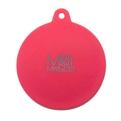 Watermelon pink Messy Mutts and Cats silicone pet food can cover with a pull tab and hanging hole.
