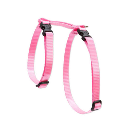 Pink Lupine Pet H-style cat harness with adjustable nylon straps, black buckles, and a metal leash attachment ring.