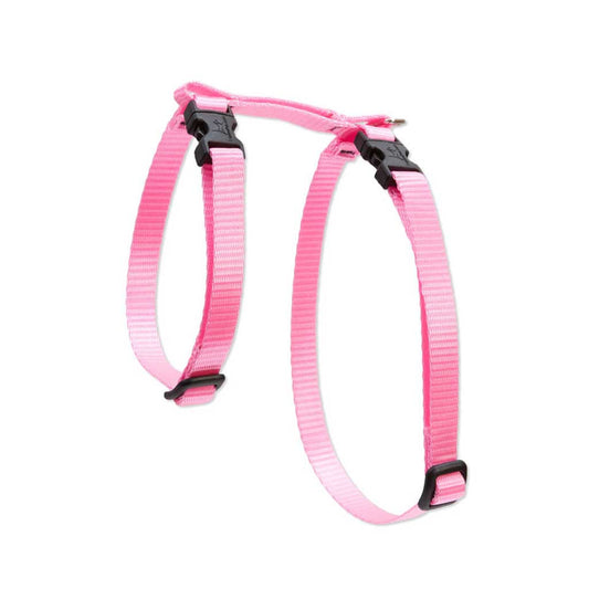 Pink Lupine Pet H-style cat harness with adjustable nylon straps, black buckles, and a metal leash attachment ring.