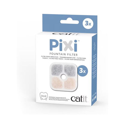 White and blue Catit PIXI Fountain Filter box marked 3x, showing a square replacement filter with a center opening.