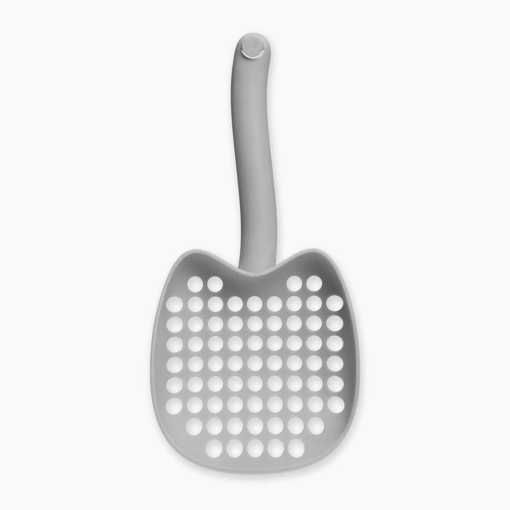 Gray Catit PIXI litter scoop with a cat-ear-shaped head, round sifting holes, and a long curved handle with hanging hook.