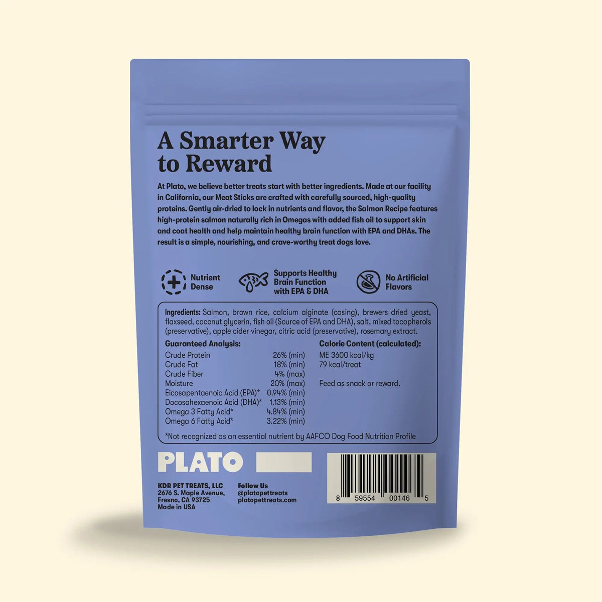 Back of Plato Salmon Recipe Meat Sticks 10 oz bag showing ingredients, guaranteed analysis and feeding guidance.