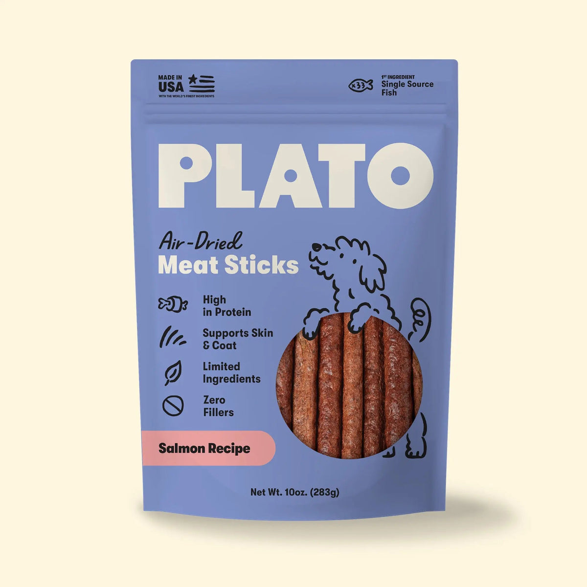 Plato Salmon Recipe Air-Dried Meat Sticks dog treats in a 10 oz blue package.