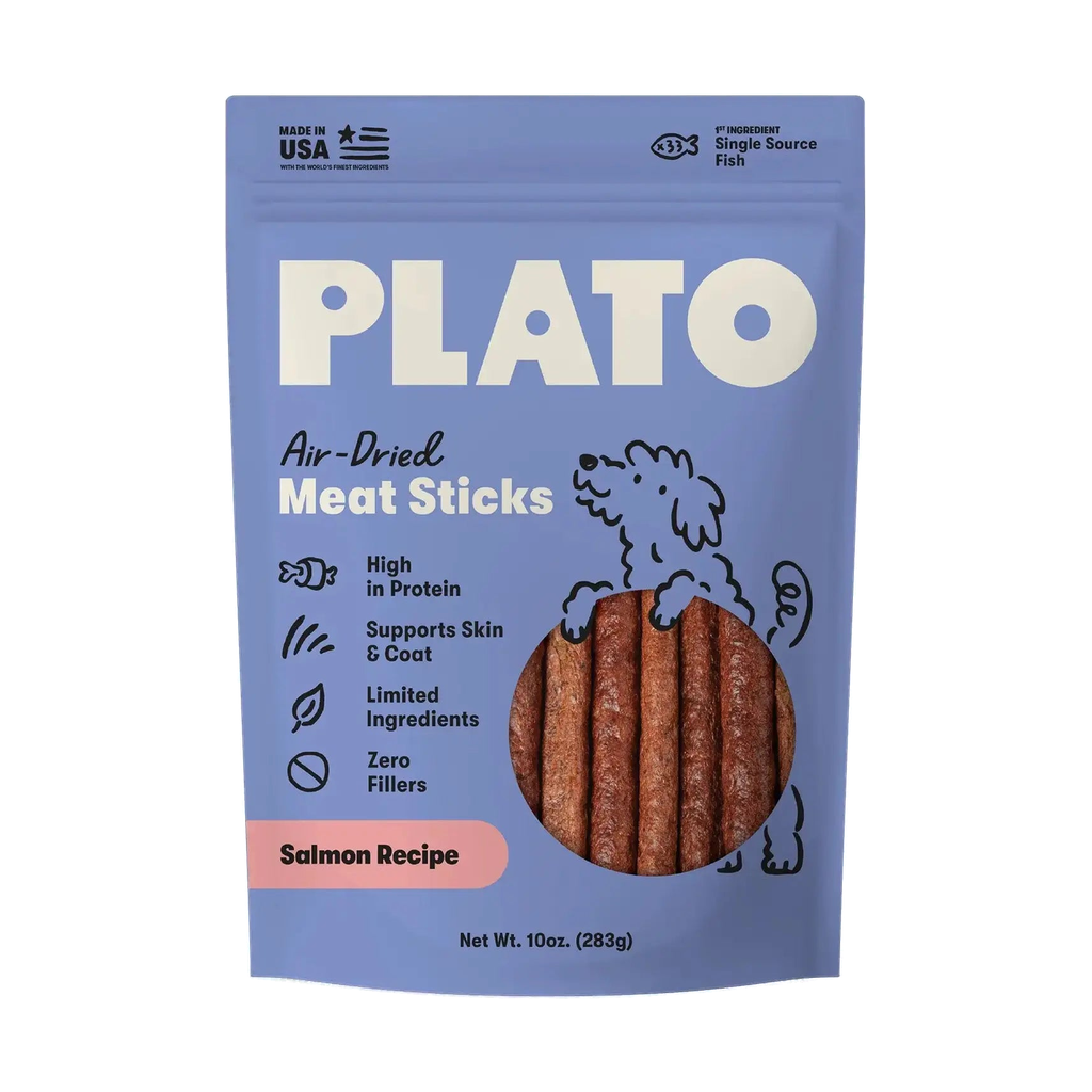 Plato Air-Dried Meat Sticks Salmon Recipe dog treats, 10 oz blue bag on a white background.
