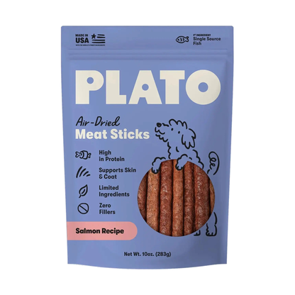 Plato Air-Dried Meat Sticks Salmon Recipe dog treats, 10 oz blue bag on a white background.