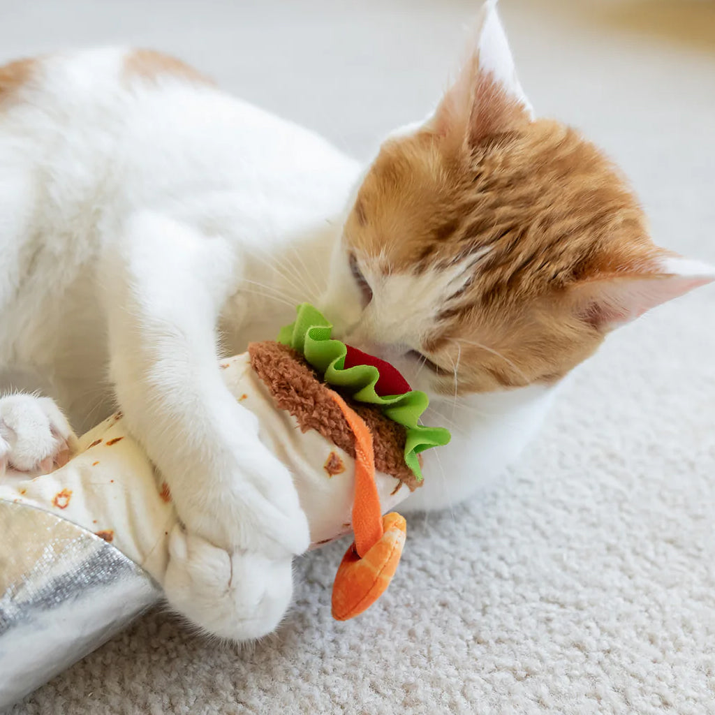 Cat playing with Feline Frenzy Shrimp Purrito Kicker Catnip Toy