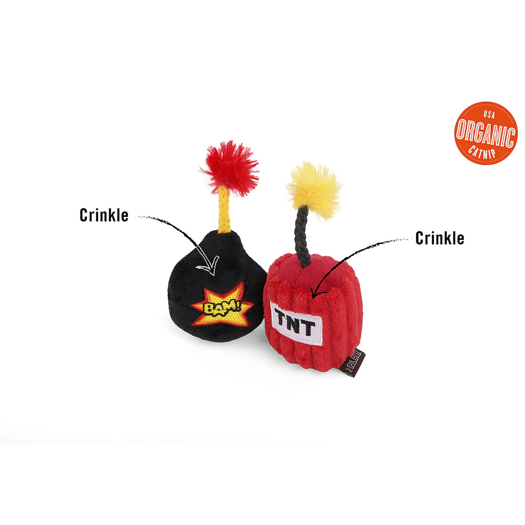 Cat catnip toys in the shape of a bomb and tnt with crinkle sounds. 