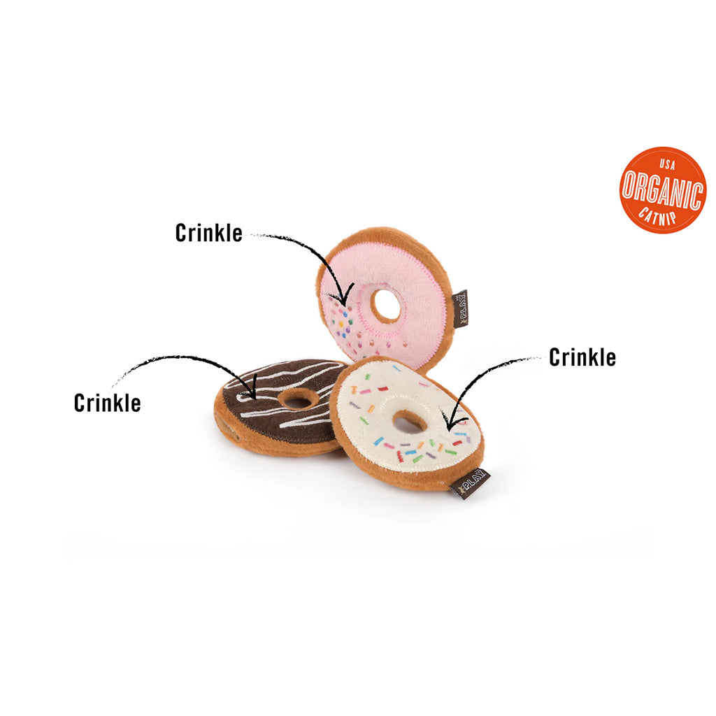 Cat catnip toys in the shape of donuts with crinkle sounds. 