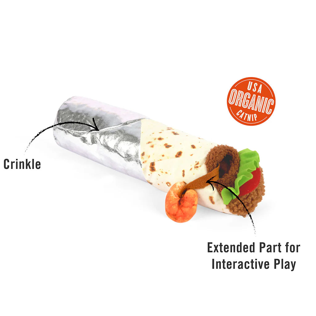 Cat catnip toy in the shape of a burrito with crinkle sounds and and extended part for interactive play.