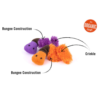 Cat catnip toys in the shape of worms with bungee construction and crinkle sounds.