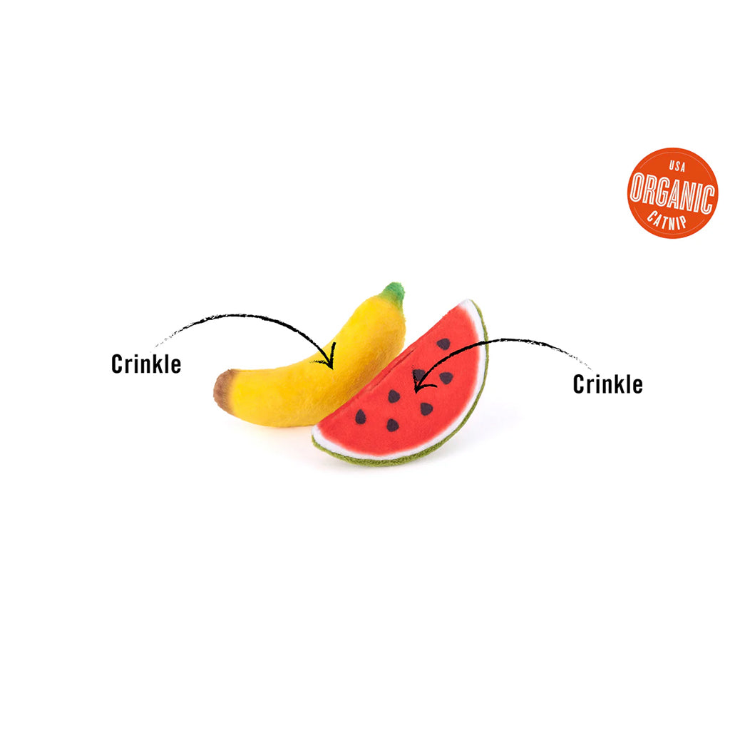 Cat catnip toys in the shape of a banana and a watermelon slice with a crinkle sound.
