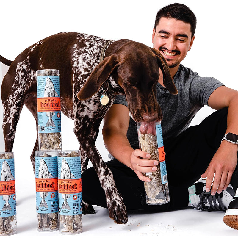 Dog eating Haddock Skin Jerky Tube