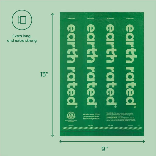 Earth Rated green dog poop bag with dimension arrows showing 9 inches wide by 13 inches long