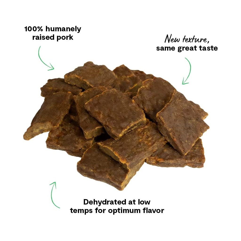 Dehydrated Pork Treats 4.5oz new texture. Dehydrated at low temps.