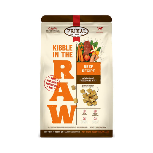 Front of a 9 lb bag of Primal Kibble in the Raw Beef Recipe freeze-dried dog food.