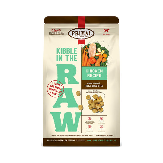 Front of a 9 lb bag of Primal Kibble in the Raw Chicken Recipe freeze-dried dog food.
