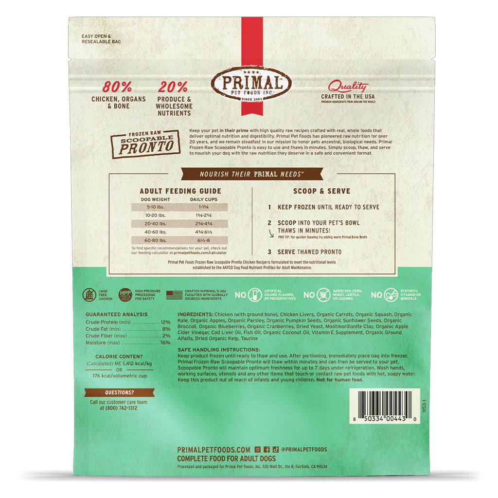 Chicken Pronto Frozen Raw for Dogs 4lb back of bag
