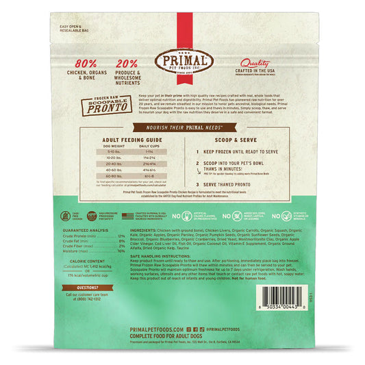 Chicken Pronto Frozen Raw for Dogs 4lb back of bag