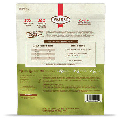 Lamb Pronto Frozen Raw for Dogs 4lb back of bag