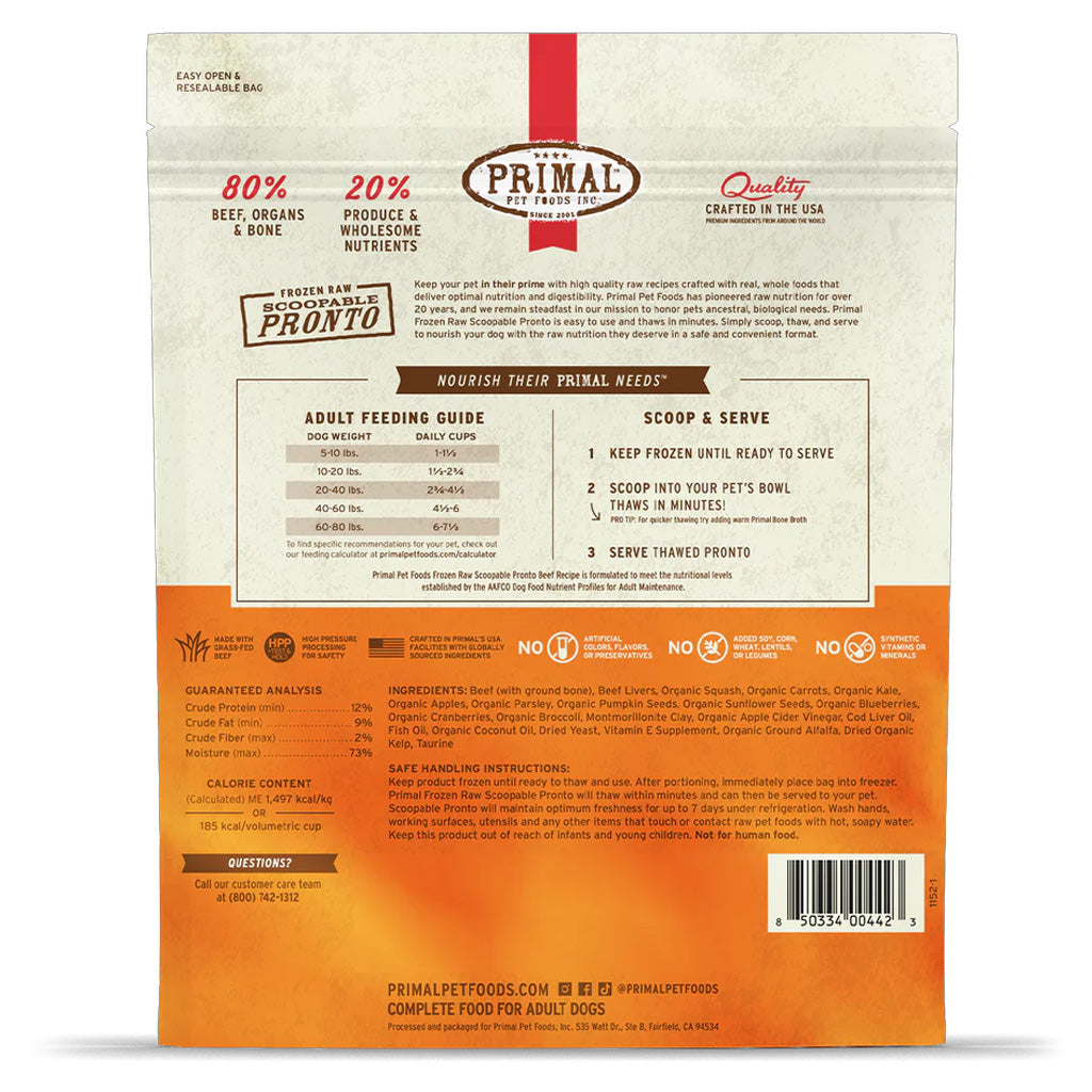 Back of Beef Pronto Frozen Raw for Dogs 4lb bag.