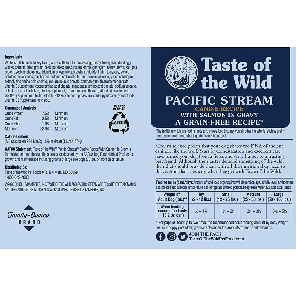 Pacific Stream Salmon in Gravy Canned Food for Dogs 13.2oz back of can