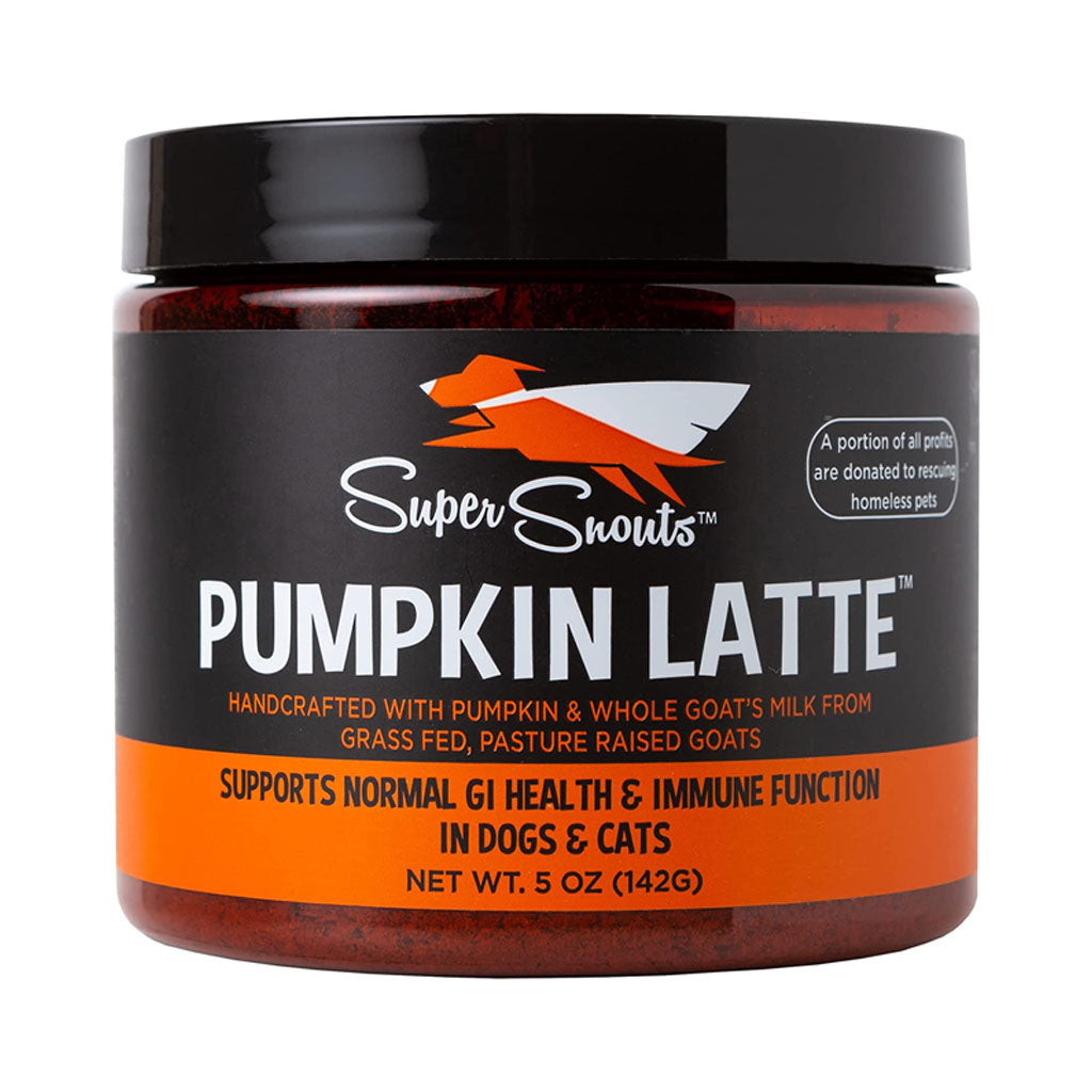 Super Snouts Pumpkin Latte 5 oz jar with a black lid and orange pumpkin and whole goat milk label for dogs and cats, on white.