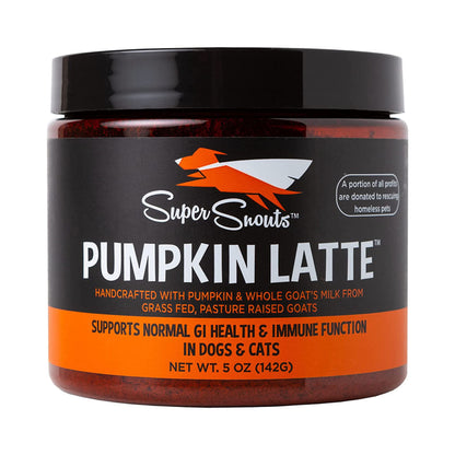 Super Snouts Pumpkin Latte 5 oz jar with a black lid and orange pumpkin and whole goat milk label for dogs and cats, on white.
