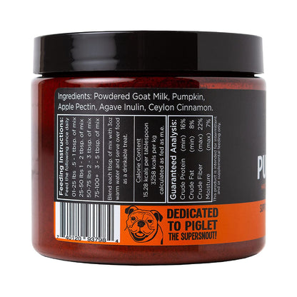 Side of the Super Snouts Pumpkin Latte jar showing ingredients, mixing and feeding instructions, guaranteed analysis and barcode.